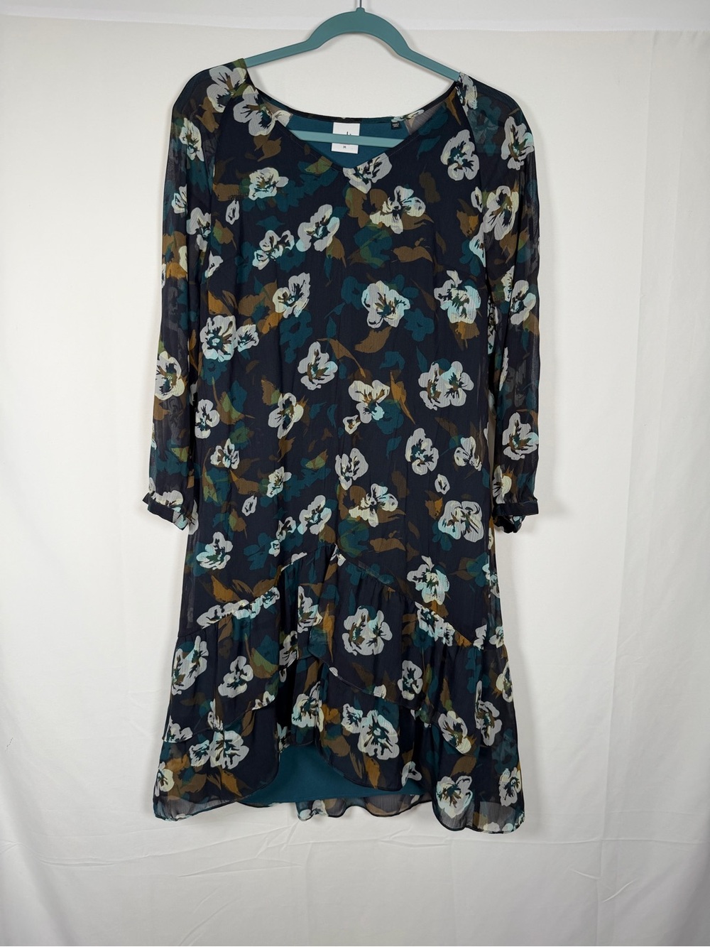 CAbi Cottage Teal Floral Midi Dress Sheer Sleeve with Black & Cream Accents